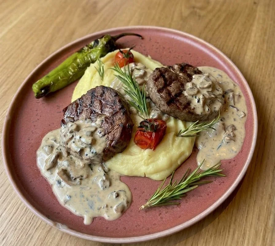 Ribeye steak with mushroom sauce